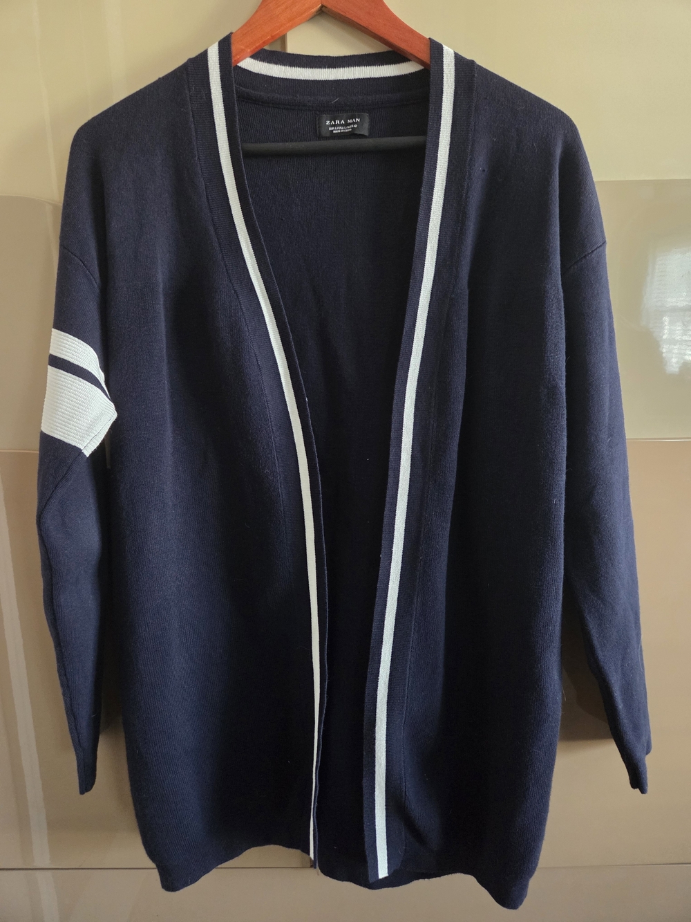 Zara Navy Open-Front Cardigan with White Trim